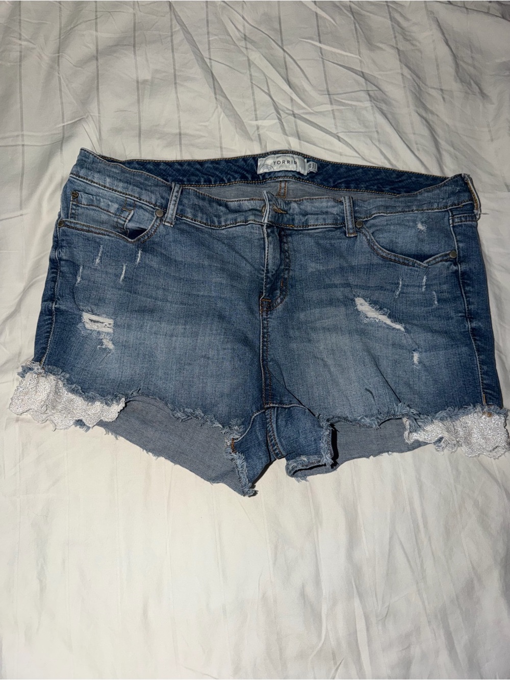 torrid Blue Distressed Denim Shorts with Lace Hem